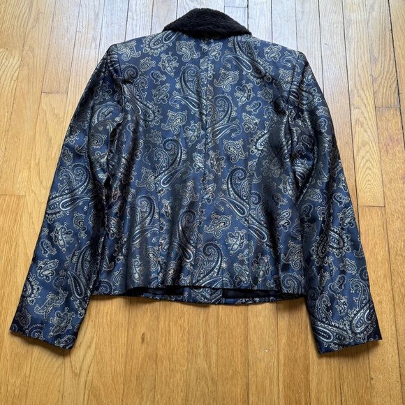 Y2K Scott McClintock Size 8 Black & Gold Paisley Faux Fur Collar Blazer Jacket - Picture 14 of 15